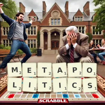 Creative illustration for a Scrabble game with the word METAPOLITICS spelled out in tiles on the board.