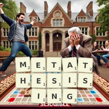 Creative illustration for a Scrabble game with the word METATHESISING spelled out in tiles on the board.