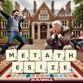 Creative illustration for a Scrabble game with the word METATHESIZE spelled out in tiles on the board.