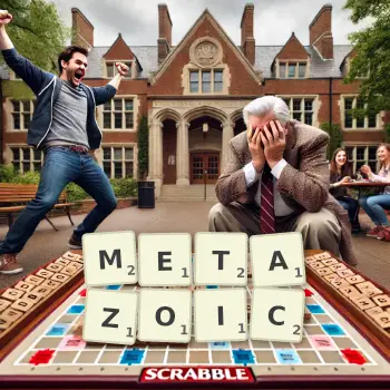 Creative illustration for a Scrabble game with the word METAZOIC spelled out in tiles on the board.