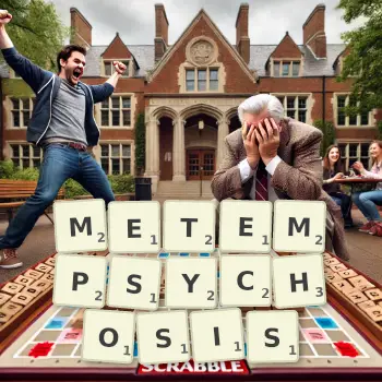 Creative illustration for a Scrabble game with the word METEMPSYCHOSIS spelled out in tiles on the board.