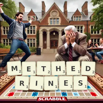 Creative illustration for a Scrabble game with the word METHEDRINES spelled out in tiles on the board.