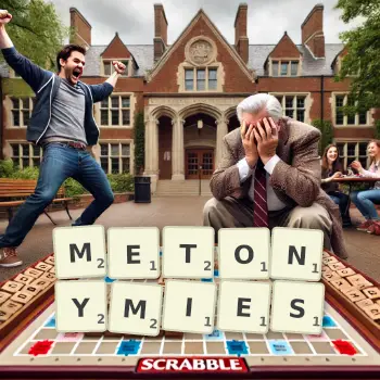 Creative illustration for a Scrabble game with the word METONYMIES spelled out in tiles on the board.