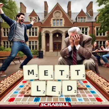 Creative illustration for a Scrabble game with the word METTLED spelled out in tiles on the board.