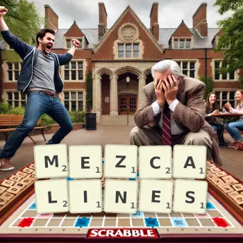 Creative illustration for a Scrabble game with the word MEZCALINES spelled out in tiles on the board.