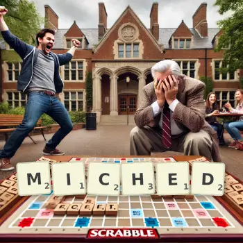 Creative illustration for a Scrabble game with the word MICHED spelled out in tiles on the board.
