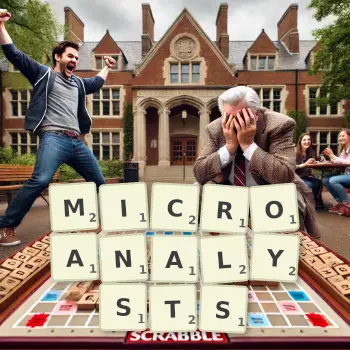 Creative illustration for a Scrabble game with the word MICROANALYSTS spelled out in tiles on the board.