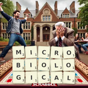 Creative illustration for a Scrabble game with the word MICROBIOLOGICAL spelled out in tiles on the board.