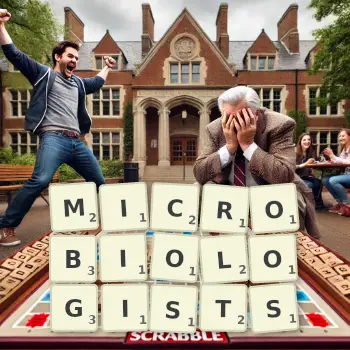 Creative illustration for a Scrabble game with the word MICROBIOLOGISTS spelled out in tiles on the board.