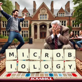 Creative illustration for a Scrabble game with the word MICROBIOLOGY spelled out in tiles on the board.