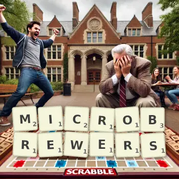 Creative illustration for a Scrabble game with the word MICROBREWERS spelled out in tiles on the board.