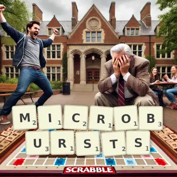 Creative illustration for a Scrabble game with the word MICROBURSTS spelled out in tiles on the board.