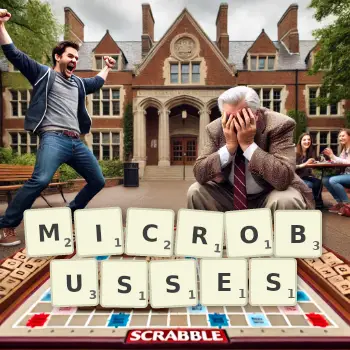 Creative illustration for a Scrabble game with the word MICROBUSSES spelled out in tiles on the board.