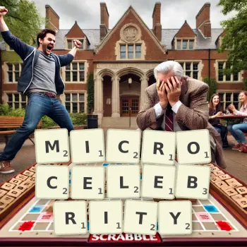 Creative illustration for a Scrabble game with the word MICROCELEBRITY spelled out in tiles on the board.