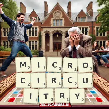 Creative illustration for a Scrabble game with the word MICROCIRCUITRY spelled out in tiles on the board.