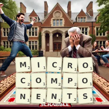 Creative illustration for a Scrabble game with the word MICROCOMPONENTS spelled out in tiles on the board.