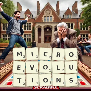 Creative illustration for a Scrabble game with the word MICROEVOLUTIONS spelled out in tiles on the board.