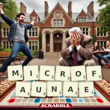 Creative illustration for a Scrabble game with the word MICROFAUNAE spelled out in tiles on the board.