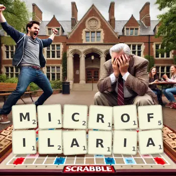 Creative illustration for a Scrabble game with the word MICROFILARIA spelled out in tiles on the board.