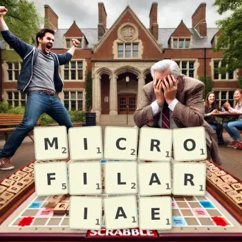 Creative illustration for a Scrabble game with the word MICROFILARIAE spelled out in tiles on the board.