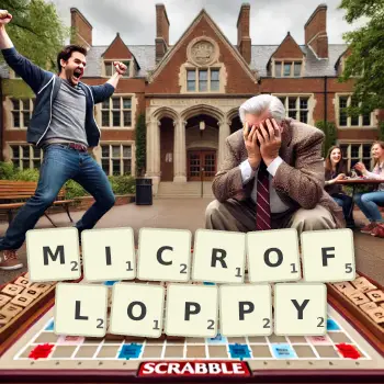 Creative illustration for a Scrabble game with the word MICROFLOPPY spelled out in tiles on the board.
