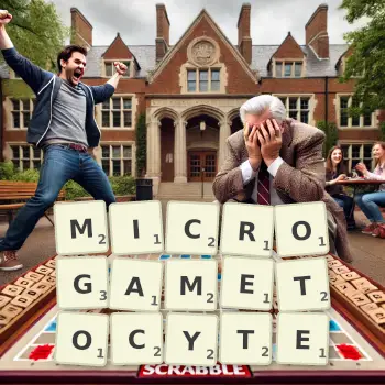 Creative illustration for a Scrabble game with the word MICROGAMETOCYTE spelled out in tiles on the board.