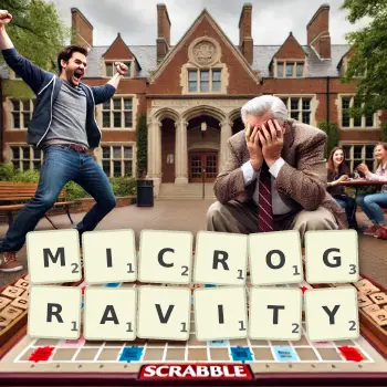 Creative illustration for a Scrabble game with the word MICROGRAVITY spelled out in tiles on the board.