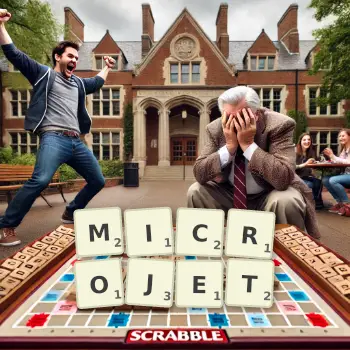 Creative illustration for a Scrabble game with the word MICROJET spelled out in tiles on the board.