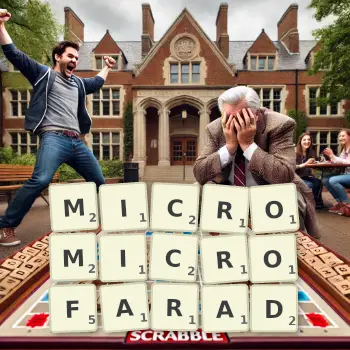 Creative illustration for a Scrabble game with the word MICROMICROFARAD spelled out in tiles on the board.