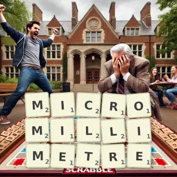 Creative illustration for a Scrabble game with the word MICROMILLIMETRE spelled out in tiles on the board.