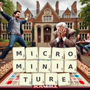 Creative illustration for a Scrabble game with the word MICROMINIATURE spelled out in tiles on the board.