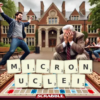 Creative illustration for a Scrabble game with the word MICRONUCLEI spelled out in tiles on the board.
