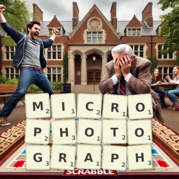 Creative illustration for a Scrabble game with the word MICROPHOTOGRAPH spelled out in tiles on the board.