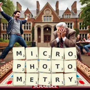 Creative illustration for a Scrabble game with the word MICROPHOTOMETRY spelled out in tiles on the board.