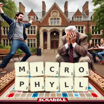 Creative illustration for a Scrabble game with the word MICROPHYLL spelled out in tiles on the board.
