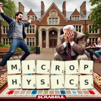 Creative illustration for a Scrabble game with the word MICROPHYSICS spelled out in tiles on the board.