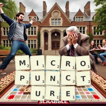 Creative illustration for a Scrabble game with the word MICROPUNCTURE spelled out in tiles on the board.