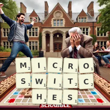 Creative illustration for a Scrabble game with the word MICROSWITCHES spelled out in tiles on the board.