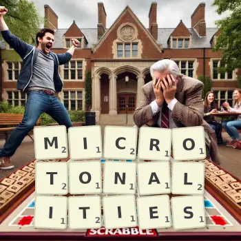 Creative illustration for a Scrabble game with the word MICROTONALITIES spelled out in tiles on the board.