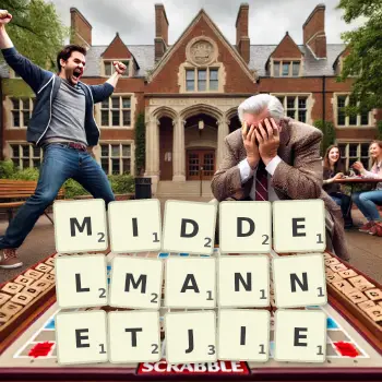 Creative illustration for a Scrabble game with the word MIDDELMANNETJIE spelled out in tiles on the board.