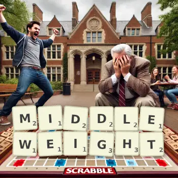 Creative illustration for a Scrabble game with the word MIDDLEWEIGHT spelled out in tiles on the board.
