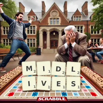 Creative illustration for a Scrabble game with the word MIDLIVES spelled out in tiles on the board.