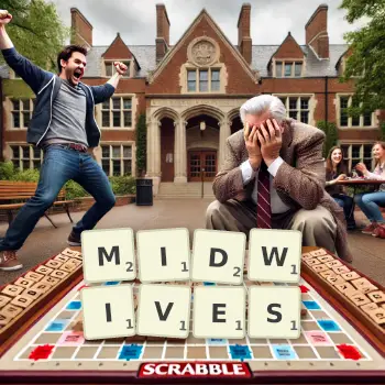 Creative illustration for a Scrabble game with the word MIDWIVES spelled out in tiles on the board.