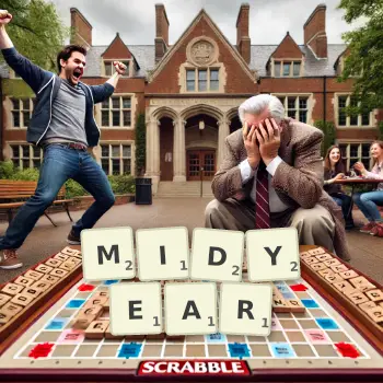 Creative illustration for a Scrabble game with the word MIDYEAR spelled out in tiles on the board.
