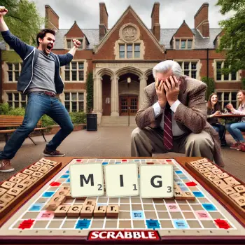 Creative illustration for a Scrabble game with the word MIG spelled out in tiles on the board.