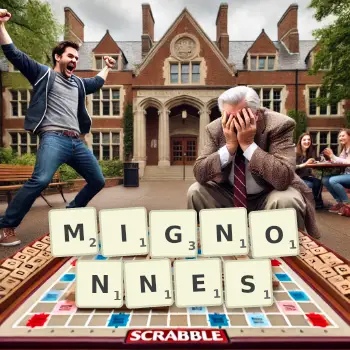 Creative illustration for a Scrabble game with the word MIGNONNES spelled out in tiles on the board.