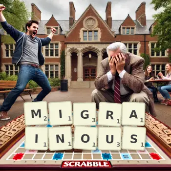 Creative illustration for a Scrabble game with the word MIGRAINOUS spelled out in tiles on the board.
