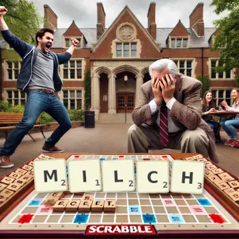 Creative illustration for a Scrabble game with the word MILCH spelled out in tiles on the board.