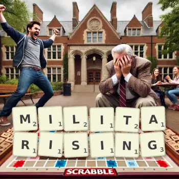 Creative illustration for a Scrabble game with the word MILITARISING spelled out in tiles on the board.