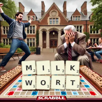 Creative illustration for a Scrabble game with the word MILKWORT spelled out in tiles on the board.